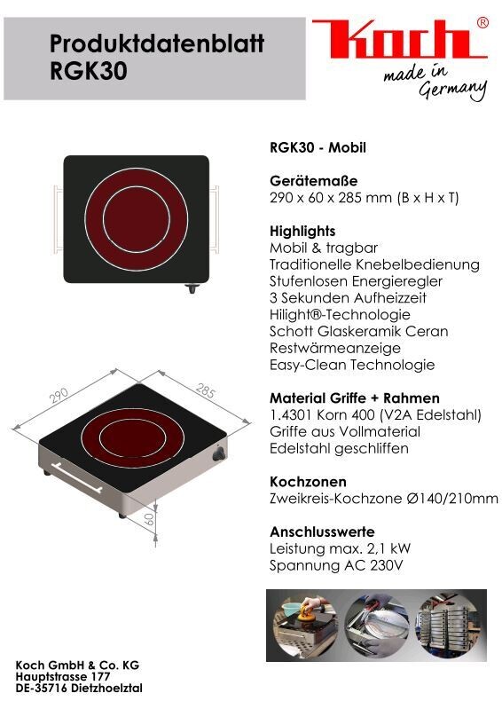 KOCH RGK 30 - Mobiles CERAN Kochfeld / 1 Platte 2-Kreis / 2100 Watt